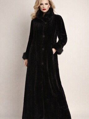 Vintage 90s Novelti Laura Black Faux Fur Mobwife Maxi Coat. Size 7/8
